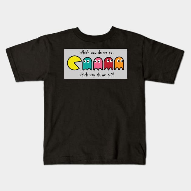 Pac Man Which way do we go? Kids T-Shirt by jhennessey